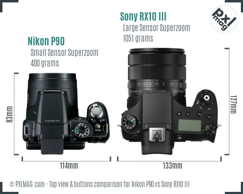 Nikon P90 vs Sony RX10 III top view buttons comparison