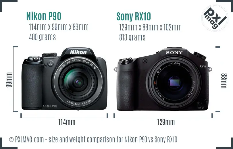 Nikon P90 vs Sony RX10 size comparison