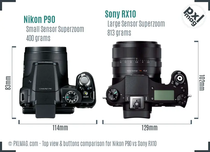 Nikon P90 vs Sony RX10 top view buttons comparison