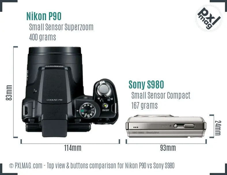 Nikon P90 vs Sony S980 top view buttons comparison