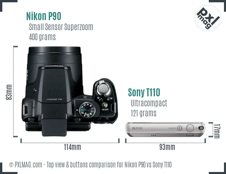 Nikon P90 vs Sony T110 top view buttons comparison