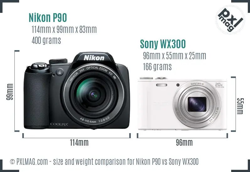 Nikon P90 vs Sony WX300 size comparison
