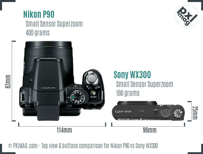 Nikon P90 vs Sony WX300 top view buttons comparison