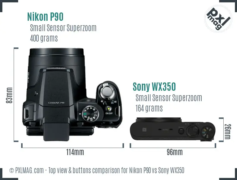Nikon P90 vs Sony WX350 top view buttons comparison