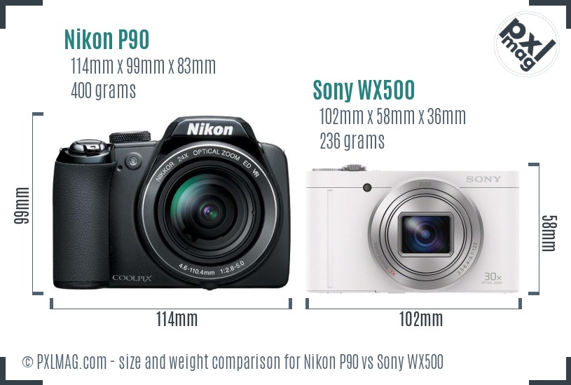 Nikon P90 vs Sony WX500 size comparison