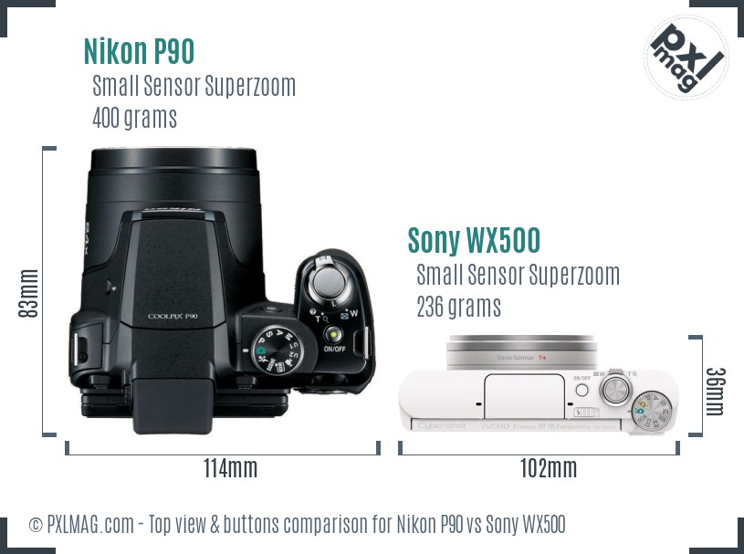 Nikon P90 vs Sony WX500 top view buttons comparison