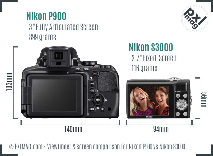 Nikon P900 vs Nikon S3000 Screen and Viewfinder comparison