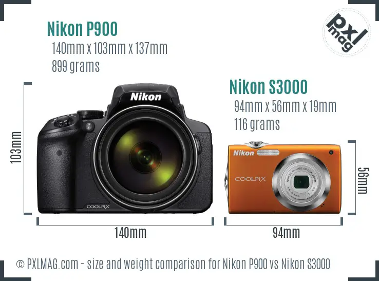 Nikon P900 vs Nikon S3000 size comparison