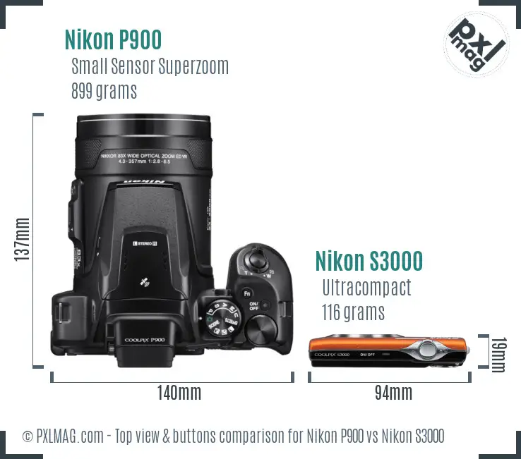 Nikon P900 vs Nikon S3000 top view buttons comparison