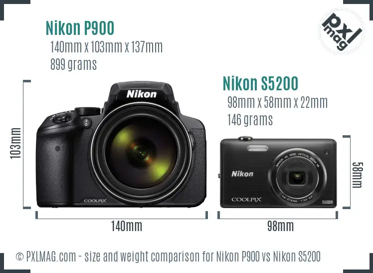 Nikon P900 vs Nikon S5200 size comparison