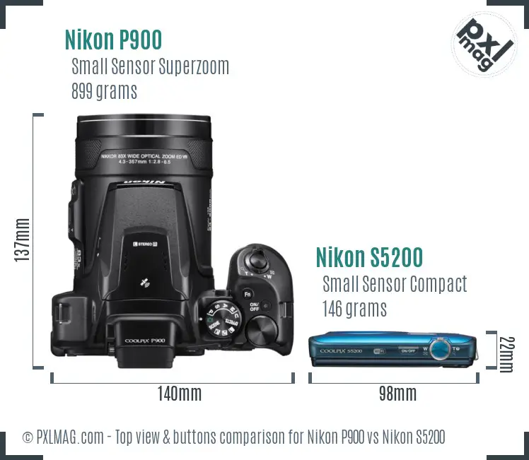 Nikon P900 vs Nikon S5200 top view buttons comparison