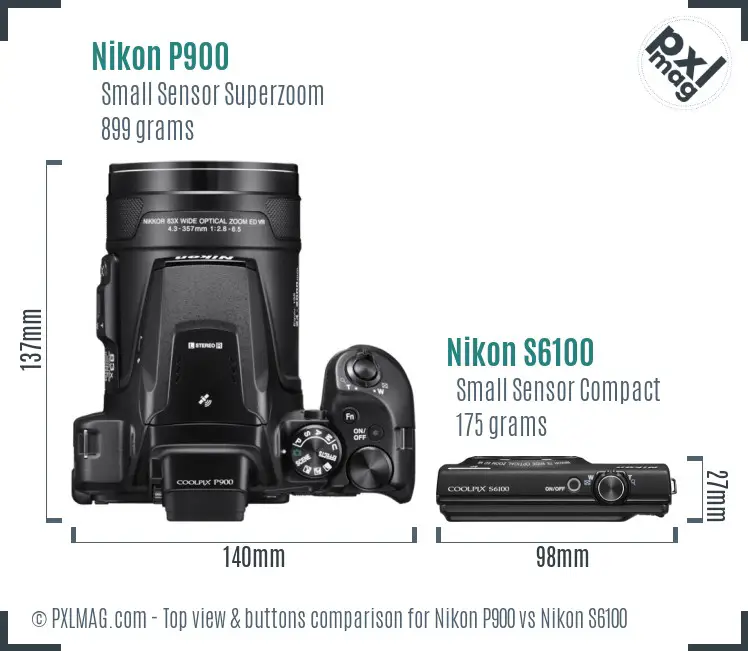 Nikon P900 vs Nikon S6100 top view buttons comparison
