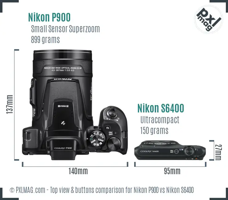 Nikon P900 vs Nikon S6400 top view buttons comparison