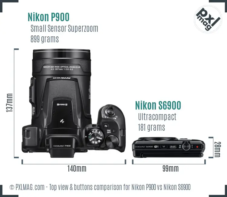 Nikon P900 vs Nikon S6900 top view buttons comparison