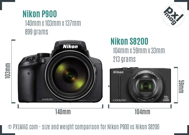 Nikon P900 vs Nikon S8200 size comparison