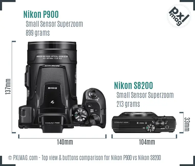 Nikon P900 vs Nikon S8200 top view buttons comparison