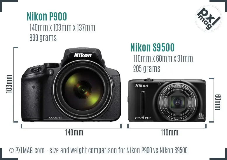 Nikon P900 vs Nikon S9500 size comparison