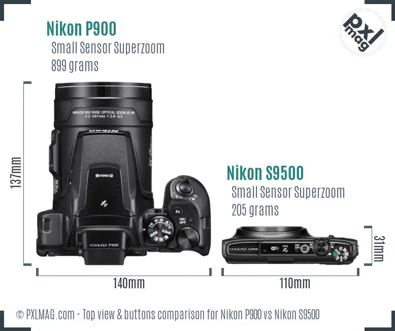 Nikon P900 vs Nikon S9500 top view buttons comparison