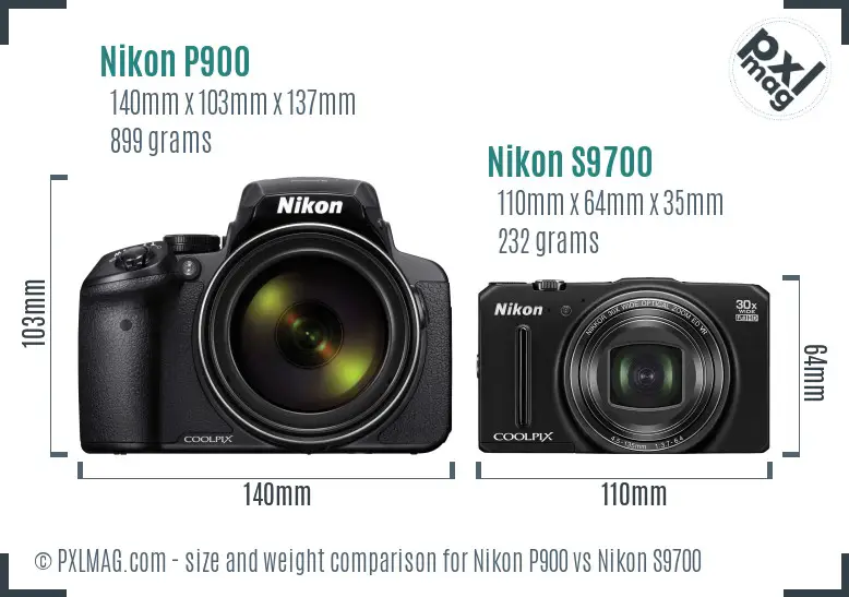 Nikon P900 vs Nikon S9700 size comparison
