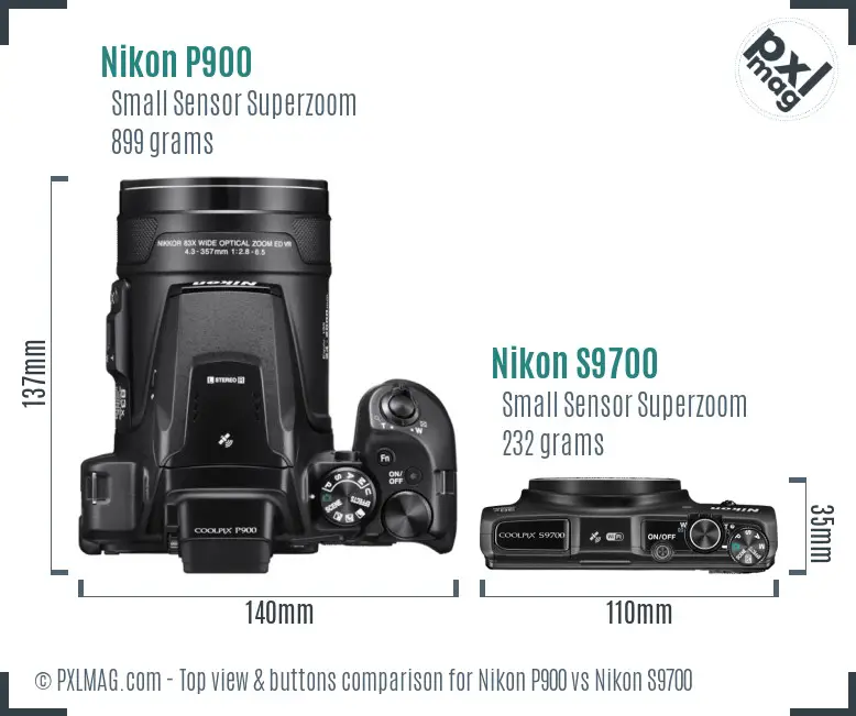 Nikon P900 vs Nikon S9700 top view buttons comparison