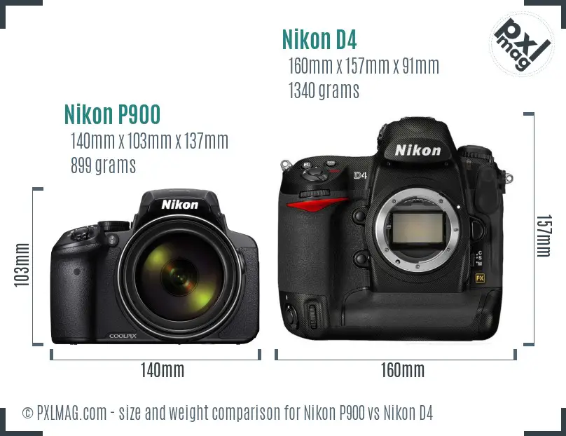 Nikon P900 vs Nikon D4 size comparison