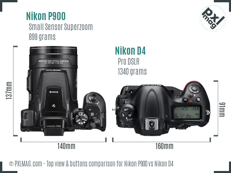Nikon P900 vs Nikon D4 top view buttons comparison