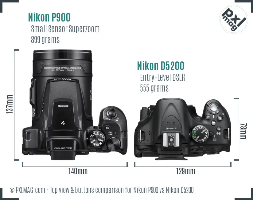 Nikon P900 vs Nikon D5200 top view buttons comparison Nikon P900 vs Nikon D5200 top view buttons comparison