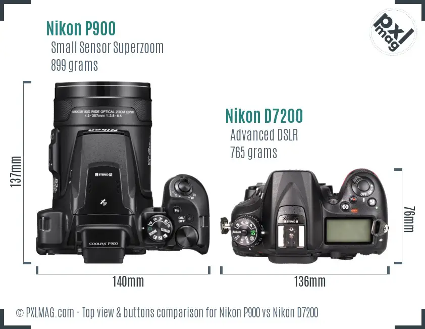 Nikon P900 vs Nikon D7200 top view buttons comparison Nikon P900 vs Nikon D7200 top view buttons comparison