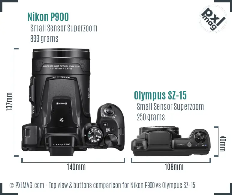 Nikon P900 vs Olympus SZ-15 top view buttons comparison