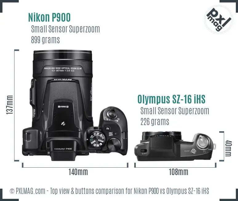 Nikon P900 vs Olympus SZ-16 iHS top view buttons comparison
