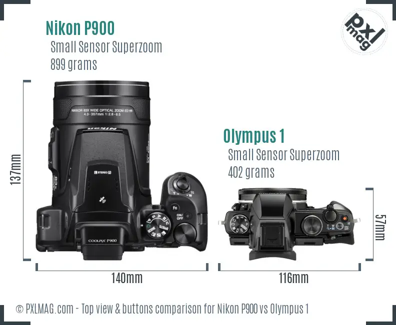 Nikon P900 vs Olympus 1 top view buttons comparison