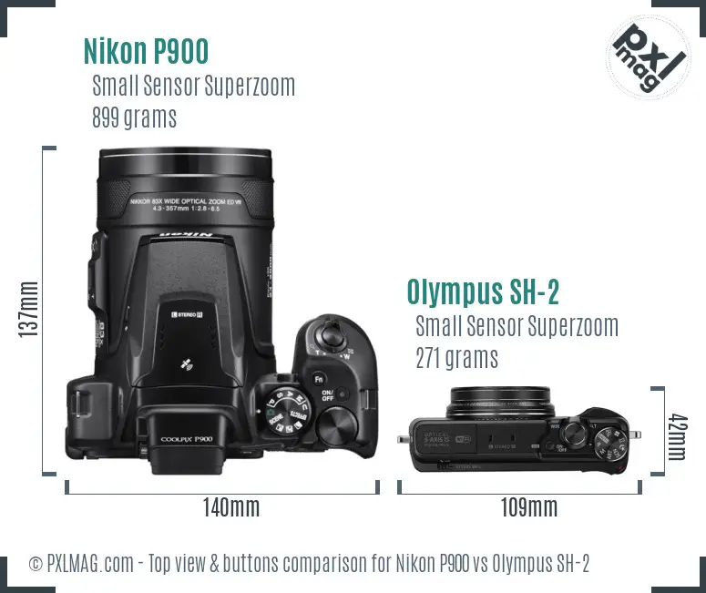 Nikon P900 vs Olympus SH-2 top view buttons comparison