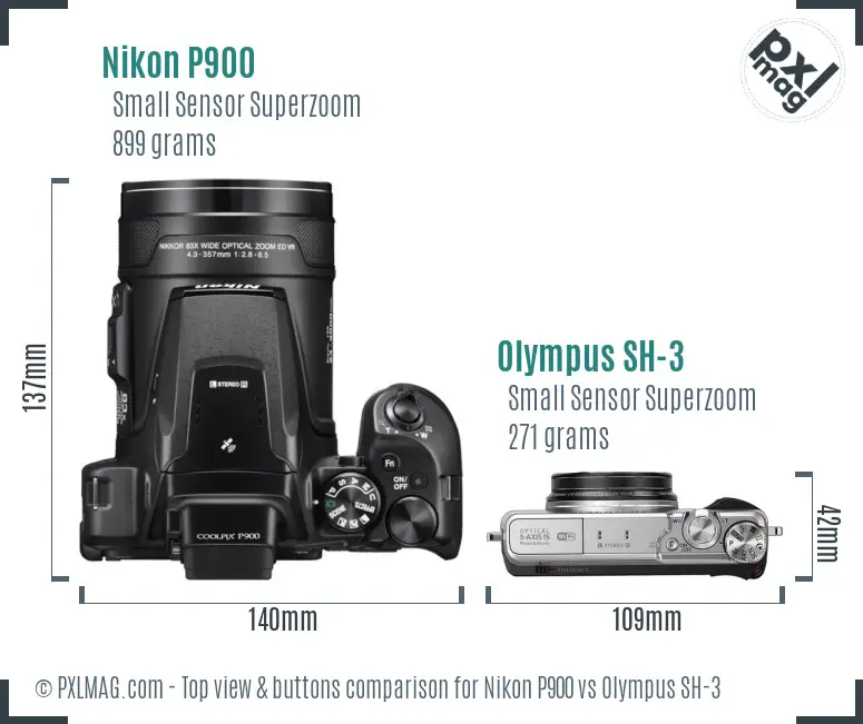 Nikon P900 vs Olympus SH-3 top view buttons comparison