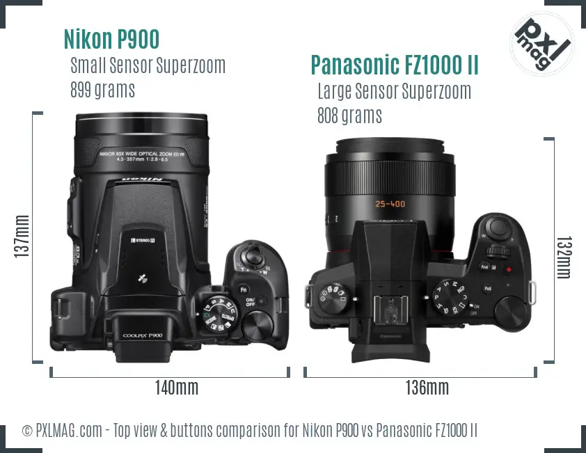 Nikon P900 vs Panasonic FZ1000 II top view buttons comparison Nikon P900 vs Panasonic FZ1000 II top view buttons comparison
