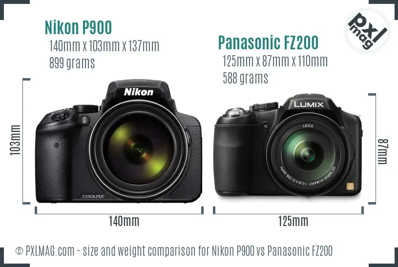 Nikon P900 vs Panasonic FZ200 size comparison