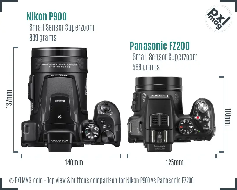 Nikon P900 vs Panasonic FZ200 top view buttons comparison