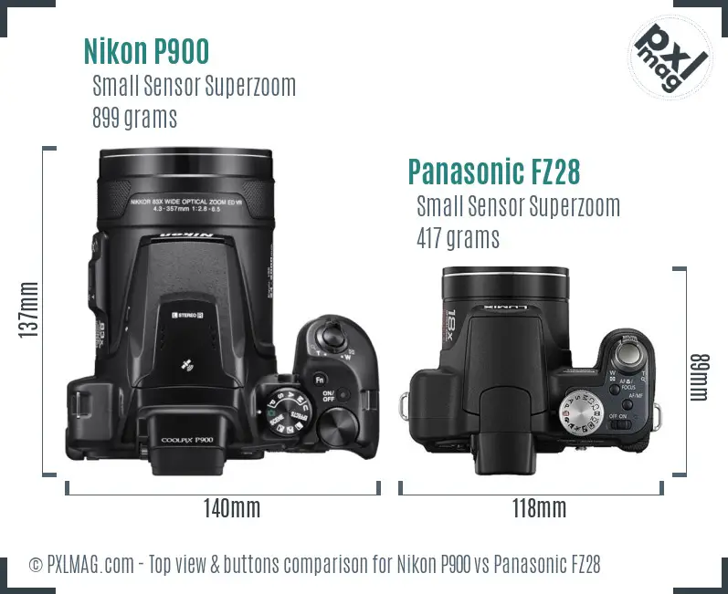 Nikon P900 vs Panasonic FZ28 top view buttons comparison