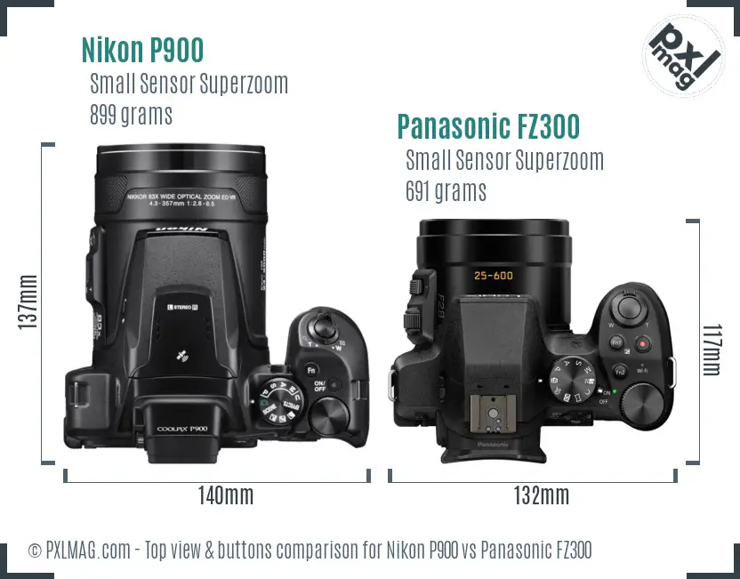 Nikon P900 vs Panasonic FZ300 top view buttons comparison