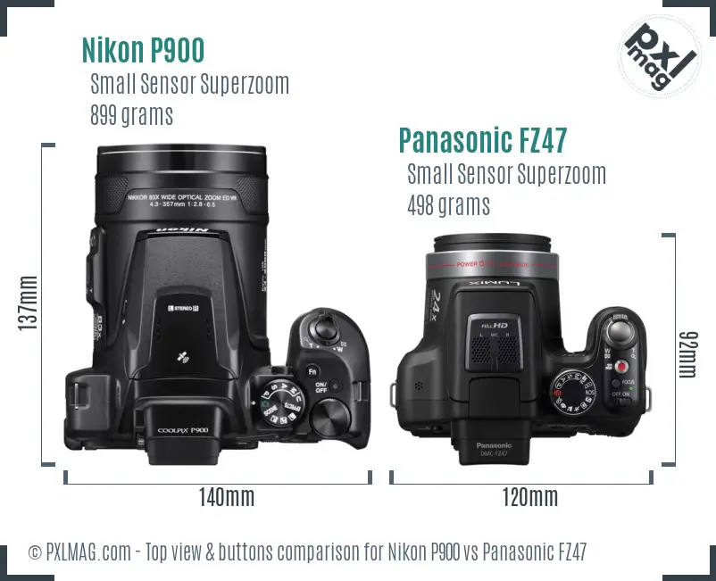 Nikon P900 vs Panasonic FZ47 top view buttons comparison Nikon P900 vs Panasonic FZ47 top view buttons comparison