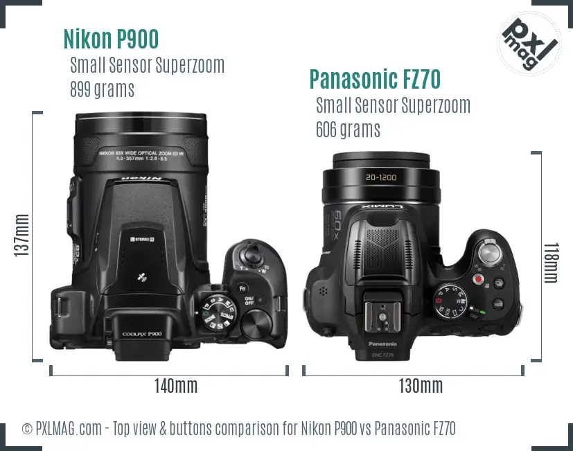Nikon P900 vs Panasonic FZ70 top view buttons comparison