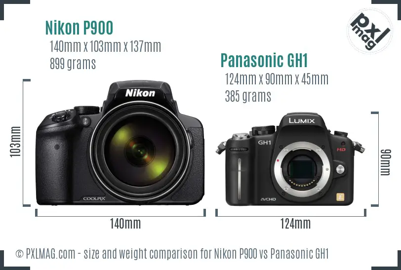 Nikon P900 vs Panasonic GH1 size comparison