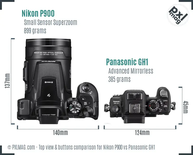 Nikon P900 vs Panasonic GH1 top view buttons comparison