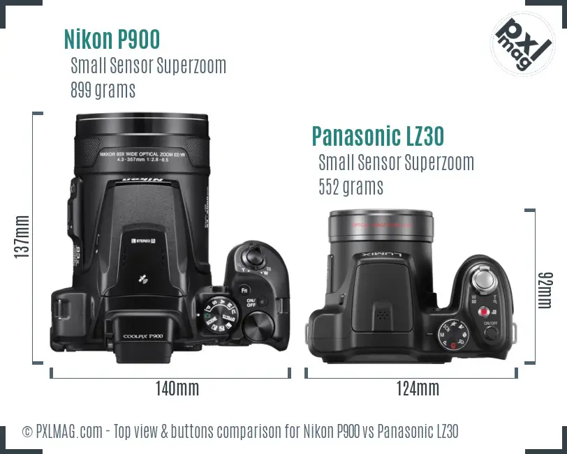 Nikon P900 vs Panasonic LZ30 top view buttons comparison Nikon P900 vs Panasonic LZ30 top view buttons comparison