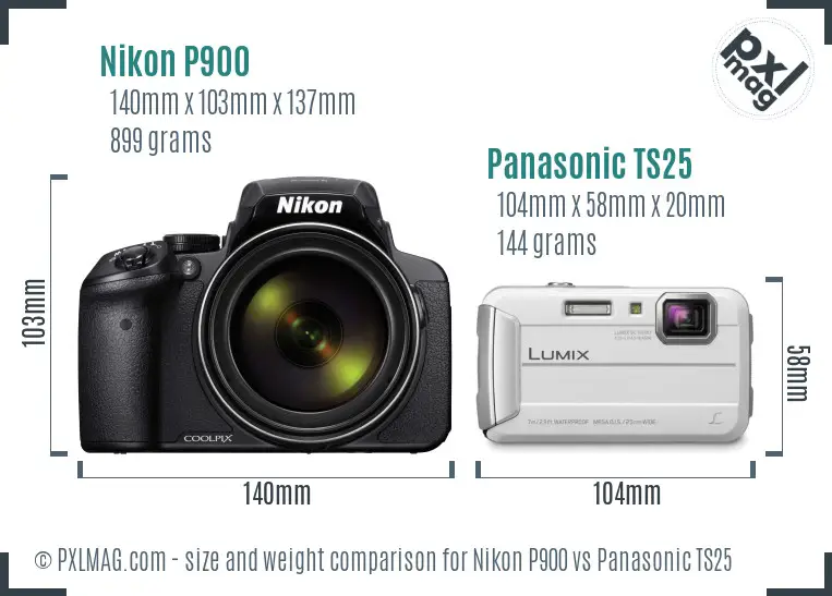 Nikon P900 vs Panasonic TS25 size comparison