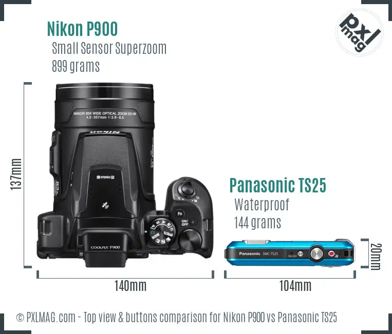 Nikon P900 vs Panasonic TS25 top view buttons comparison
