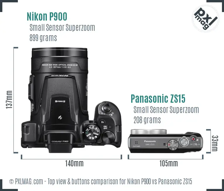 Nikon P900 vs Panasonic ZS15 top view buttons comparison Nikon P900 vs Panasonic ZS15 top view buttons comparison