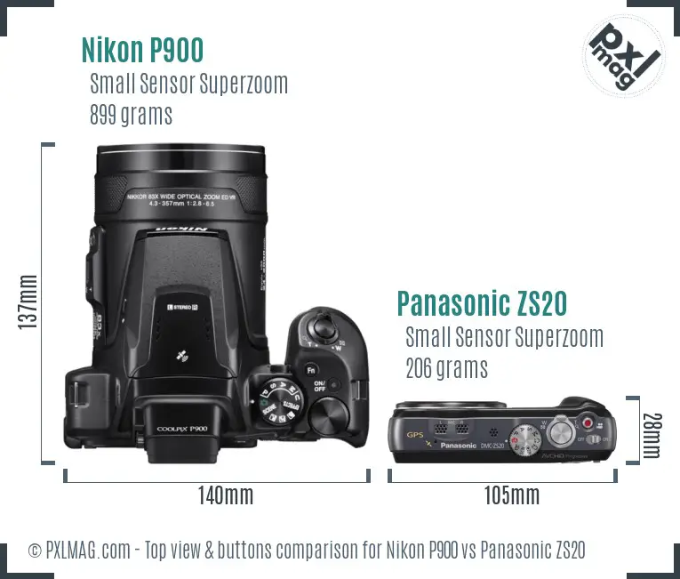 Nikon P900 vs Panasonic ZS20 top view buttons comparison