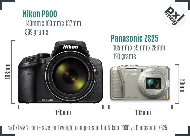Nikon P900 vs Panasonic ZS25 size comparison