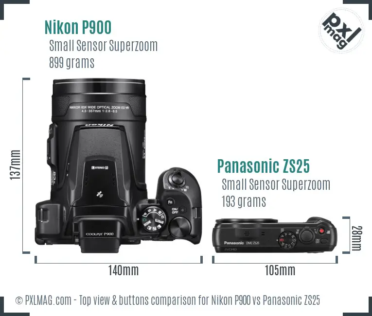 Nikon P900 vs Panasonic ZS25 top view buttons comparison