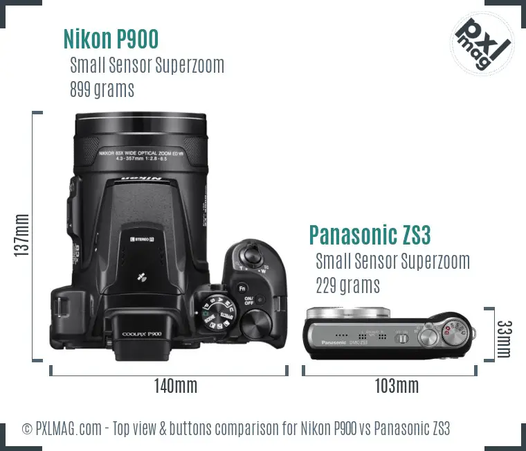 Nikon P900 vs Panasonic ZS3 top view buttons comparison